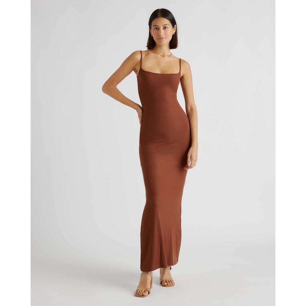 Quince Tencel Rib Knit Maxi Slip Dress Size Medium Brown Capsule Elevated Basic